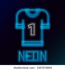 Blue glowing neon line American football jersey icon isolated on black background. Football uniform sign. Colorful outline concept. Vector Illustration