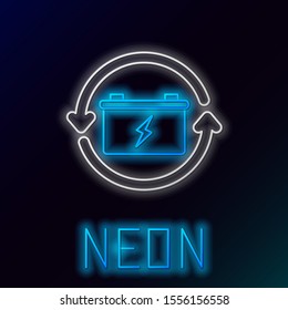 Blue glowing neon line Battery with recycle symbol line icon isolated on black background. Battery with recycling symbol - renewable energy concept. Colorful outline concept. Vector Illustration