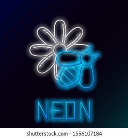 Blue glowing neon line Bee and flower icon isolated on black background. Sweet natural food. Honeybee or apis with wings symbol. Flying insect. Colorful outline concept. Vector Illustration