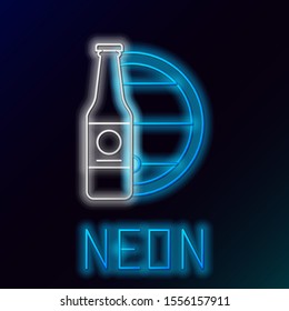 Blue glowing neon line Beer bottle and wooden barrel icon isolated on black background. Colorful outline concept. Vector Illustration