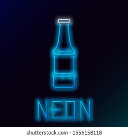 Blue glowing neon line Beer bottle icon isolated on black background. Colorful outline concept. Vector Illustration