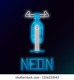 Blue glowing neon line Bicycle icon isolated on black background. Bike race. Extreme sport. Sport equipment. Colorful outline concept. Vector Illustration