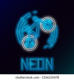 Blue glowing neon line Bicycle trick icon isolated on black background. Bike race. Extreme sport. Sport equipment. Colorful outline concept. Vector Illustration