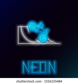 Blue glowing neon line Bicycle on street ramp icon isolated on black background. Skate park. Extreme sport. Sport equipment. Colorful outline concept. Vector Illustration