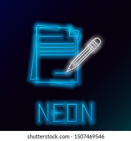 Blue glowing neon line Blank notebook and pencil with eraser icon isolated on black background. Paper and pencil. Colorful outline concept. Vector Illustration