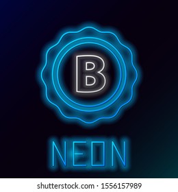 Blue glowing neon line Bottle cap with inscription beer icon isolated on black background. Colorful outline concept. Vector Illustration