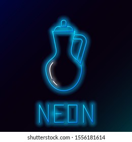 Blue glowing neon line Bottle of olive oil icon isolated on black background. Jug with olive oil icon. Colorful outline concept. Vector Illustration