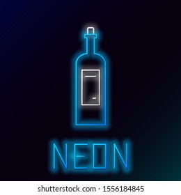 Blue glowing neon line Bottle of wine icon isolated on black background. Colorful outline concept. Vector Illustration