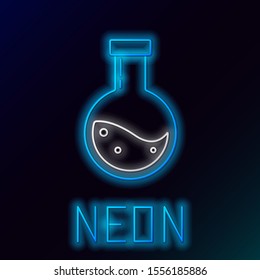 Blue glowing neon line Bottle with potion icon isolated on black background. Flask with magic potion. Happy Halloween party. Colorful outline concept. Vector Illustration