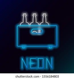 Blue glowing neon line Bottles of wine in a wooden box icon isolated on black background. Wine bottles in a wooden crate icon. Colorful outline concept. Vector Illustration