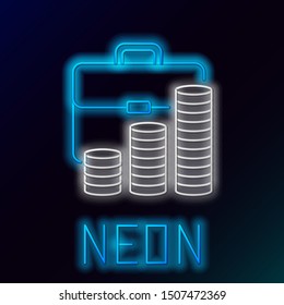 Blue glowing neon line Briefcase and coin icon isolated on black background. Business case sign. Business portfolio.  Colorful outline concept. Vector Illustration