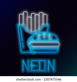 Blue glowing neon line Burger and french fries in carton package box icon isolated on black background. Hamburger, cheeseburger sandwich. Fast food menu. Colorful outline concept. Vector Illustration