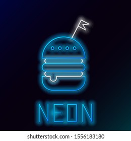 Blue glowing neon line Burger icon isolated on black background. Hamburger icon. Cheeseburger sandwich sign. Fast food menu. Colorful outline concept. Vector Illustration