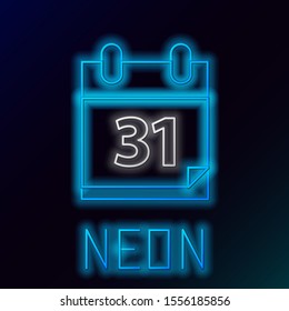 Blue glowing neon line Calendar with Halloween date 31 october icon isolated on black background. Happy Halloween party. Colorful outline concept. Vector Illustration