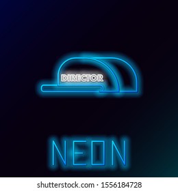 Blue glowing neon line Cap with inscription director icon isolated on black background. Colorful outline concept. Vector Illustration