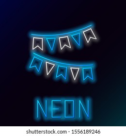 Blue glowing neon line Carnival garland with flags icon on black background. Party pennants for birthday celebration, festival and fair decoration. Colorful outline concept. Vector Illustration