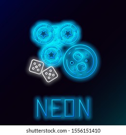 Blue glowing neon line Casino chips, game dice and glass of whiskey with ice cubes icon isolated on black background. Casino poker. Colorful outline concept. Vector Illustration