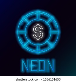 Blue glowing neon line Casino chip with dollar symbol icon isolated on black background. Casino gambling. Colorful outline concept. Vector Illustration