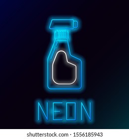 Blue glowing neon line Cleaning spray bottle with detergent liquid icon isolated on black background. Colorful outline concept. Vector Illustration