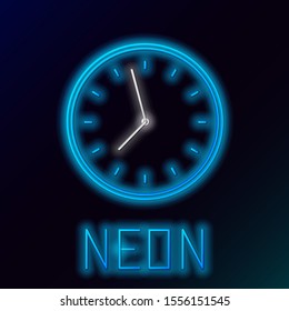 Blue glowing neon line Clock icon isolated on black background. Time symbol. Colorful outline concept. Vector Illustration