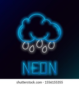 Blue glowing neon line Cloud with rain icon isolated on black background. Rain cloud precipitation with rain drops. Colorful outline concept. Vector Illustration