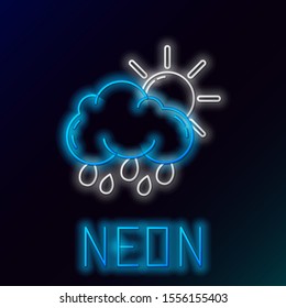 Blue glowing neon line Cloud with rain and sun icon isolated on black background. Rain cloud precipitation with rain drops. Colorful outline concept. Vector Illustration