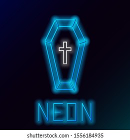Blue glowing neon line Coffin with christian cross icon isolated on black background. Happy Halloween party. Colorful outline concept. Vector Illustration