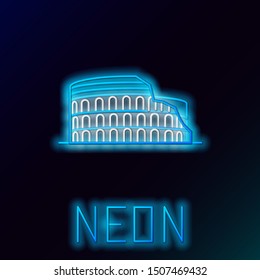 Blue glowing neon line Coliseum in Rome, Italy icon isolated on black background. Colosseum sign. Symbol of Ancient Rome, gladiator fights. Colorful outline concept. Vector Illustration