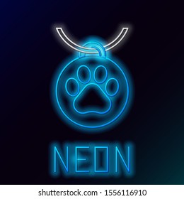 Blue glowing neon line Collar with name tag icon on black background. Supplies for domestic animal. Dog or cat paw print. Cat and dog care. Pet chains. Colorful outline concept. Vector Illustration