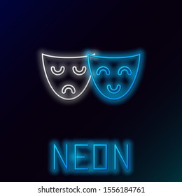 Blue glowing neon line Comedy and tragedy theatrical masks icon isolated on black background. Colorful outline concept. Vector Illustration