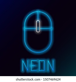 Blue glowing neon line Computer mouse icon isolated on black background. Optical with wheel symbol. Colorful outline concept. Vector Illustration