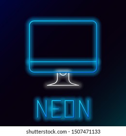 Blue glowing neon line Computer monitor screen icon isolated on black background. Electronic device. Front view.  Colorful outline concept. Vector Illustration