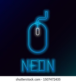 Blue glowing neon line Computer mouse icon isolated on black background. Optical with wheel symbol. Colorful outline concept. Vector Illustration