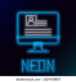 Blue glowing neon line Computer monitor with resume icon on black background. CV application. Searching professional staff. Analyzing personnel resume.  Colorful outline concept. Vector Illustration