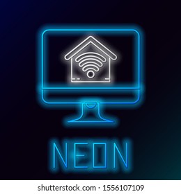 Blue glowing neon line Computer monitor with smart home with wi-fi icon isolated on black background. Remote control. Colorful outline concept. Vector Illustration