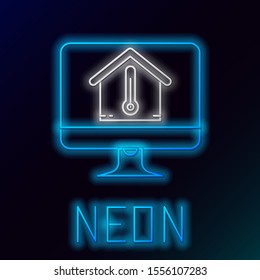 Blue glowing neon line Computer monitor with house temperature icon isolated on black background. Thermometer icon. Colorful outline concept. Vector Illustration