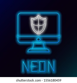 Blue glowing neon line Computer monitor and shield icon isolated on black background. Security, firewall technology, internet privacy safety or antivirus. Colorful outline concept. Vector Illustration