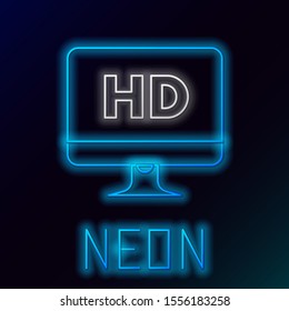 Blue glowing neon line Computer PC monitor display with HD video technology icon isolated on black background. Colorful outline concept. Vector Illustration