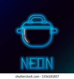 Blue glowing neon line Cooking pot icon isolated on black background. Boil or stew food symbol. Colorful outline concept. Vector Illustration