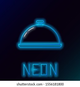 Blue glowing neon line Covered with a tray of food icon isolated on black background. Tray and lid sign. Restaurant cloche with lid. Kitchenware symbol. Colorful outline concept. Vector Illustration