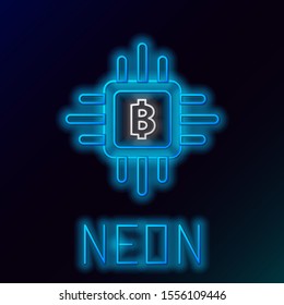 Blue glowing neon line CPU mining farm icon isolated on black background. Bitcoin sign inside processor. Cryptocurrency mining community. Digital money. Colorful outline concept. Vector Illustration