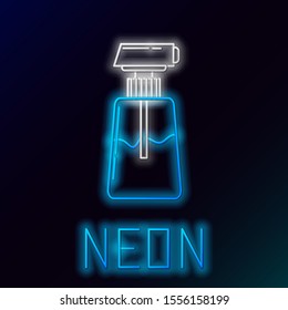 Blue glowing neon line Cream or lotion cosmetic tube icon isolated on black background. Body care products for men. Colorful outline concept. Vector Illustration