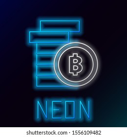 Blue glowing neon line Cryptocurrency coin Bitcoin icon isolated on black background. Physical bit coin. Blockchain based secure crypto currency. Colorful outline concept. Vector Illustration