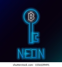 Blue glowing neon line Cryptocurrency Bitcoin key icon isolated on black background. Concept of cyber security or digital key with technology interface. Colorful outline concept. Vector Illustration