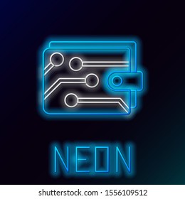 Blue glowing neon line Cryptocurrency wallet icon isolated on black background. Wallet and bitcoin sign. Mining concept. Money, payment, cash, pay icon. Colorful outline concept. Vector Illustration