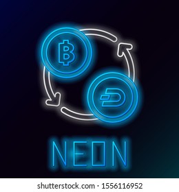 Blue glowing neon line Cryptocurrency exchange icon on black background. Bitcoin to Dash exchange icon. Cryptocurrency technology, mobile banking. Colorful outline concept. Vector Illustration