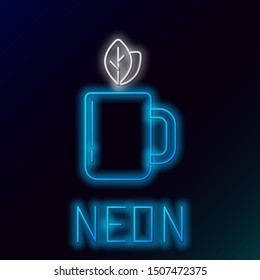 Blue glowing neon line Cup of tea and leaf icon isolated on black background. Colorful outline concept. Vector Illustration