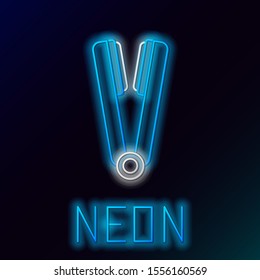Blue glowing neon line Curling iron for hair icon isolated on black background. Hair straightener icon. Colorful outline concept. Vector Illustration