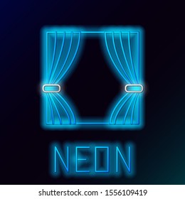 Blue glowing neon line Curtain icon isolated on black background. For theater or opera scene backdrop, concert grand opening or cinema premiere. Colorful outline concept. Vector Illustration