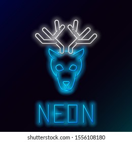 Blue glowing neon line Deer head with antlers icon isolated on black background. Colorful outline concept. Vector Illustration